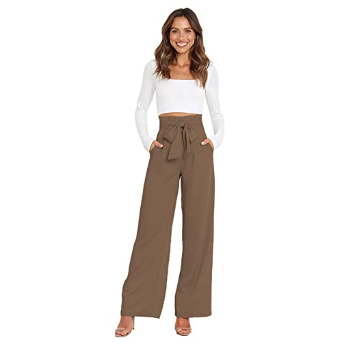 FYMNSI Stoffhose Damen Hohe Taille Palazzo Hose Casual Paperbag Hose Weite Beine Anzughose Elegant Leichte Elastische Taille High Waist Schleife Gürtel Business Hose mit Taschen Sommer Herbst Khaki L von FYMNSI