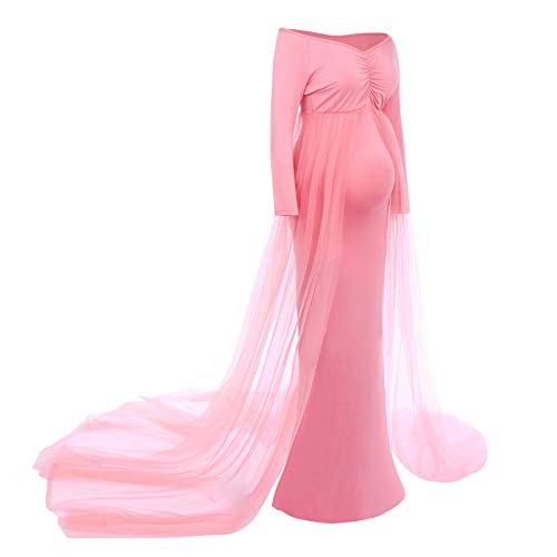 FYMNSI Umstandskleid Schwangere Fotoshooting Kleid Schwangerschaftskleid Fotografie Stützen Mutterschaft Schulterfreies Langarm Tüll Langes Abendkleid Damen Hochzeit Fotoshooting Umstandsmode Rosa 2XL von FYMNSI