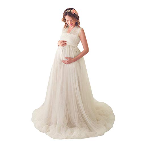 FYMNSI Umstandskleid Schwangere Multiway Tüllkleid Elegante Fotografie Stützen Mutterschaft Langes Abendkleid Damen Hochzeitskleid Brautkleid Bodenlänge Umstandsmode Fotoshooting Kleidung Beige XL von FYMNSI