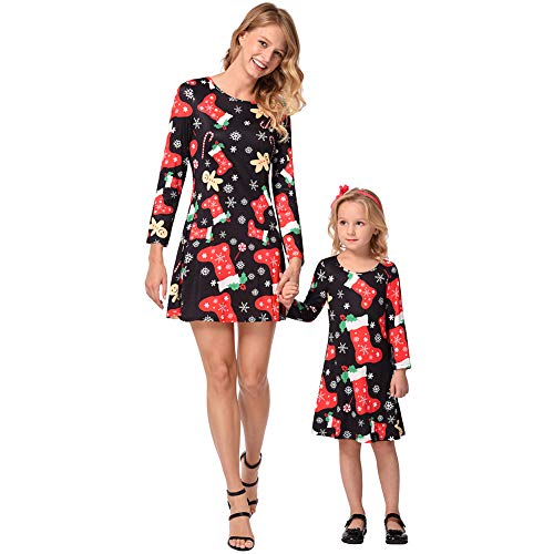 FYMNSI Weihnachten Mutter Tochter Partnerlook Kleid Damen Mädchen Langarm Weihnachtskleid Minikleid Weihnachtssocken Gedruckt A-Linie Festkleid Mama Baby Passend Familie Kleidung Abendkleid M von FYMNSI