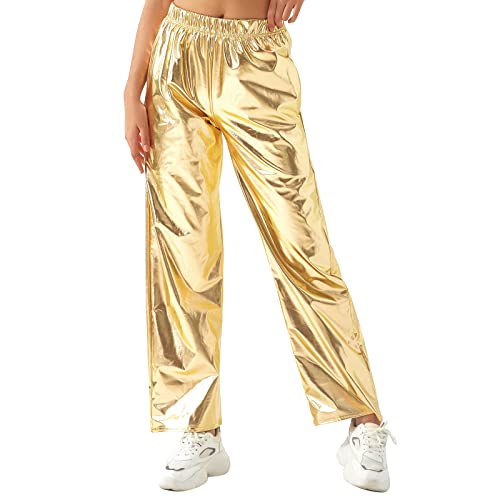 Gl?nzende Metallic Hose Damen Glanz Jogginghose High Waist 80er 90er Jahre Kost?m Lack Leder Wet Look Hip Hop Clubwear Holografische Rave Hose Jogginghose Streetwear Halloween Cosplay Gold L von FYMNSI