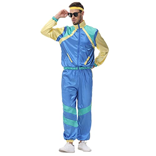 Herren 80er 70er Jahre Outfit Trainingsanzug Jogginganzug Faschingskostüm Männer Disco Fever Kostüm Halloween Motto Party Karneval Cosplay Streatwear Retro Trainingsjacke Hose mit Stirnband Blau XL von FYMNSI