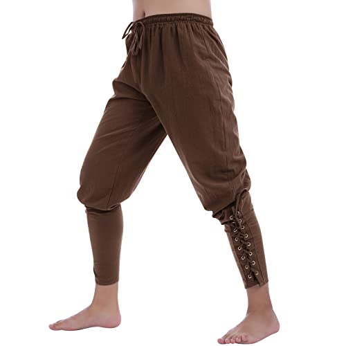 Herren Mittelalter Hose Piratenhose Halloween Cosplay Pirate Kost?m Schn?rhose Wikinger Renaissance Steampunk Kordelzug Freizeithose Mittelalterhose Leinenhose Jahrgang Gothic Kleidung Braun XXXL von FYMNSI