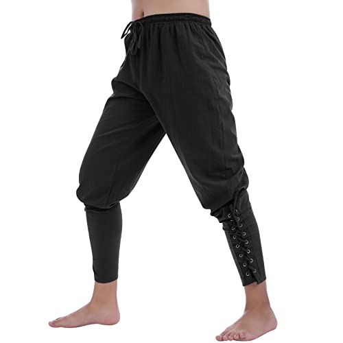 Herren Mittelalter Hose Piratenhose Halloween Cosplay Pirate Kost?m Schn?rhose Wikinger Renaissance Steampunk Kordelzug Freizeithose Mittelalterhose Leinenhose Jahrgang Gothic Kleidung Schwarz L von FYMNSI