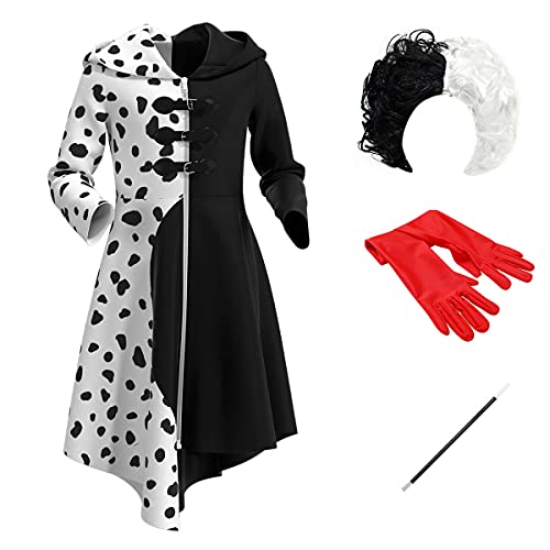 FYMNSI Kinder Cruella de Vil Cosplay Mädchen Deville Kostüm 101 Dalmatiner Costume Schwarz Weiß Gefleckt Kapuzenpulli Mantel Perücke Handschuhe Stange Halloween Fasching Karneval Verkleidung 11-12J von FYMNSI