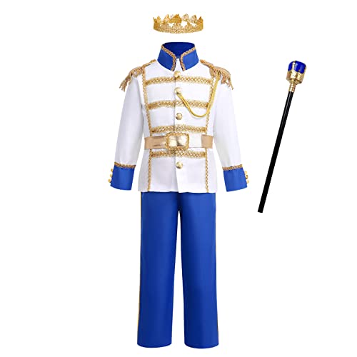 Kinder Jungen Königlicher Prinz Charming Kostüm Märchenprinz Mittelalterlichen König Kinderkostüm Jacke Top Hose Gürtel Krone Zepter Set Halloween Cosplay Karneval Party Verkleidung Königsblau 10-12J von FYMNSI