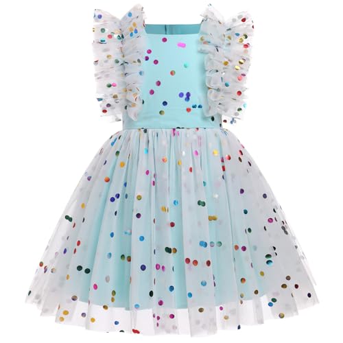 Kinder Mädchen Geburtstag Partykleid Prinzessin Festliches Kleid Hochzeit Kinder Rüschen Ärmellos Tüllkleid Einschulung Abendkleid Hochzeitskleid Blumenmädchenkleider Taufkleid Blau Gepunktet 3-4J von FYMNSI