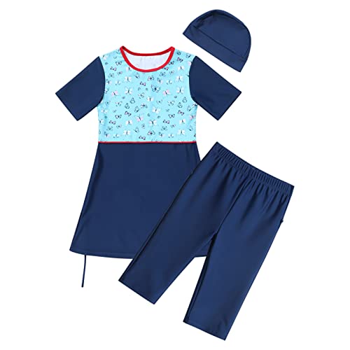 Kinder Mädchen Muslimischen Badeanzug Burkini Modest Islamischen Ganzkörper Full Cover Kurzarm Top Shorts 2er Set Wassersport Surfen Outfit Bademode Schwimmanzug Muslim Swimwear Blau 11-12 Jahre von FYMNSI