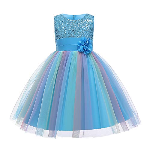 Kinder Mädchen Pailletten Kleid Blumenmädchen Regenbogen Tüllkleid Hochzeit Brautjungfer Tütü Prinzessin Kurzes Partykleid Kleinkinder Geburtstagskleid Ballkleid Ärmellos Sommerkleid Blau 3-4 Jahre von FYMNSI