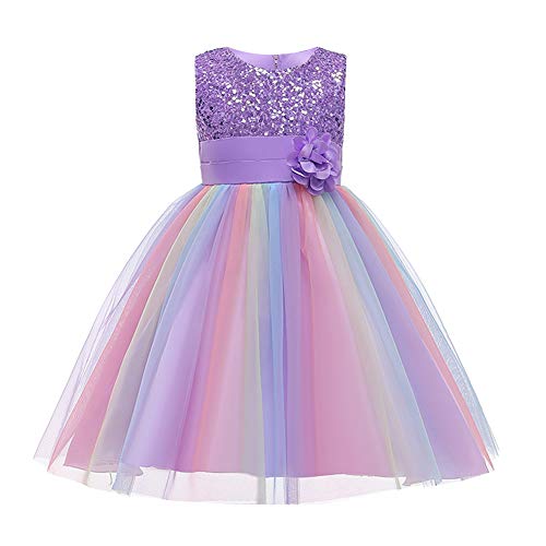 Kinder Mädchen Pailletten Kleid Blumenmädchen Regenbogen Tüllkleid Hochzeit Brautjungfer Tütü Prinzessin Kurzes Partykleid Kleinkinder Geburtstagskleid Ballkleid Ärmellos Sommerkleid Lila 3-4 Jahre von FYMNSI