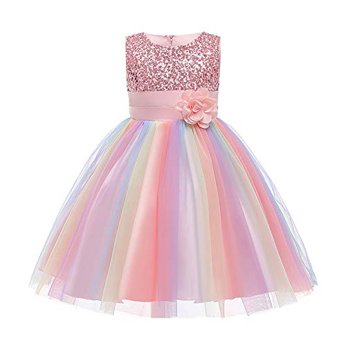 Kinder Mädchen Pailletten Kleid Blumenmädchen Regenbogen Tüllkleid Hochzeit Brautjungfer Tütü Prinzessin Kurzes Partykleid Kleinkinder Geburtstagskleid Ballkleid Ärmellos Sommerkleid Rosa 4-5 Jahre von FYMNSI