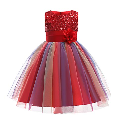 Kinder Mädchen Pailletten Kleid Blumenmädchen Regenbogen Tüllkleid Hochzeit Brautjungfer Tütü Prinzessin Kurzes Partykleid Kleinkinder Geburtstagskleid Ballkleid Ärmellos Sommerkleid Rot 3-4 Jahre von FYMNSI