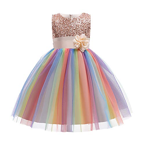 Kinder Mädchen Pailletten Kleid Blumenmädchen Regenbogen Tüllkleid Hochzeit Brautjungfer Tütü Prinzessin Partykleid Kleinkinder Geburtstagskleid Ballkleid Ärmellos Sommerkleid Champagner 5-6 Jahre von FYMNSI