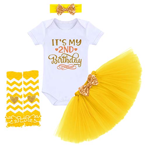 Kleinkinder Baby Mädchen 1/2. Geburtstag Party Outfit Prinzessin Kleid Baumwolle Kurzarm Strampler Tüll Tütü Rock Pailletten Stirnband Beinwärmer Set 4tlg Fotoshooting Kostüm Geschenk Gelb 6 Monate von FYMNSI