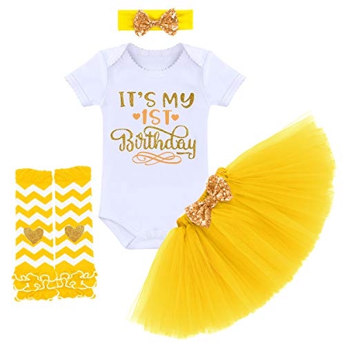 Kleinkinder Baby Mädchen 1. Geburtstag Party Outfit Prinzessin Kleid Baumwolle Kurzarm Strampler Tüll Tütü Rock Pailletten Stirnband Beinwärmer Set 4tlg Fotoshooting Kostüm Geschenk Gelb 1 Jahr von FYMNSI