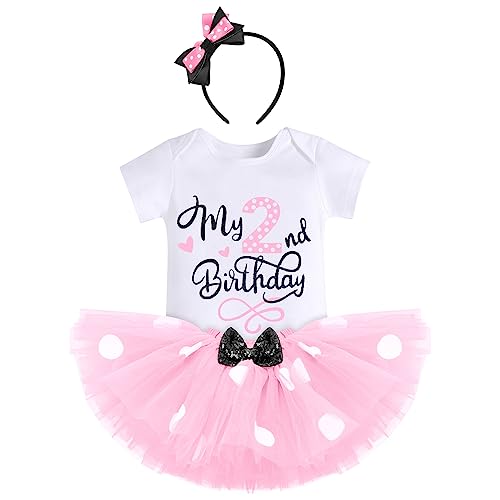 FYMNSI Kleinkinder Baby Mädchen Mein 2. Geburtstag Outfit Maus Kostüm Gepunktet Tütü Rock Baumwolle Kurzarm Body Strampler mit Ohr Stirnband 3tlg Sommer Bekleidungsset Rosa - 2. Geburtstag 2 Jahre von FYMNSI