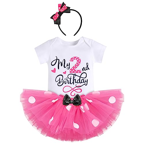 FYMNSI Kleinkinder Baby Mädchen Mein 2. Geburtstag Outfit Maus Kostüm Gepunktet Tütü Rock Baumwolle Kurzarm Body Strampler mit Ohr Stirnband 3tlg Sommer Bekleidungsset Rose - 2. Geburtstag 2 Jahre von FYMNSI