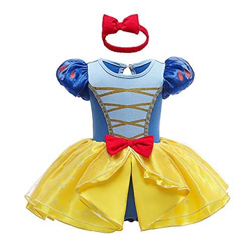 Kleinkinder Baby Mädchen Schneewittchen Cosplay Kleid Snow White Prinzessin Kostüme Kurzarm Bodykleid Stirnband Set Verkleidung Halloween Weihnachten Karneval Geburtstag Partykleid Blau + Gelb 9-12M von FYMNSI