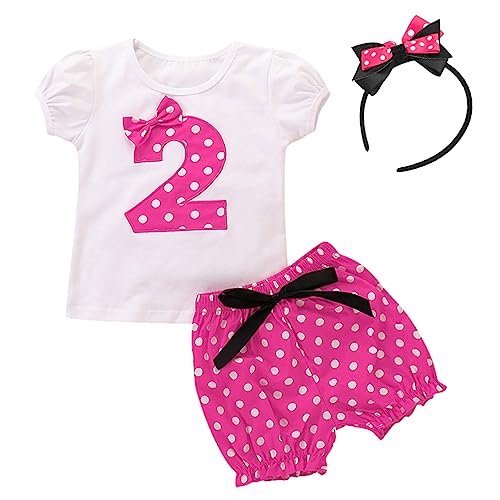 Kleinkinder Mädchen 2 Jahre Zweiter Geburtstag Party Minnie Kostüm Outfit Retro Gepunktet Sommer Kuzrarm Top T Shirt + Shorts Kurze Hosen + Ohr Stirnband 3tlg Bekleidungsset Rose 2. Geburtstag 18-24M von FYMNSI