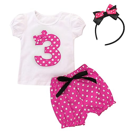 Kleinkinder Mädchen 3 Jahre Dritter Geburtstag Party Minnie Kostüm Outfit Retro Gepunktet Sommer Kurzarm Top T Shirt + Shorts Kurze Hosen + Ohr Stirnband 3tlg Bekleidungsset Rose 3. Geburtstag 2-3J von FYMNSI