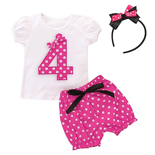 Kleinkinder Mädchen 4 Jahre Vierter Geburtstag Party Minnie Kostüm Outfit Retro Gepunktet Sommer Kurzarm Top T Shirt + Shorts Kurze Hosen + Ohr Stirnband 3tlg Bekleidungsset Rose 4. Geburtstag 3-4J von FYMNSI