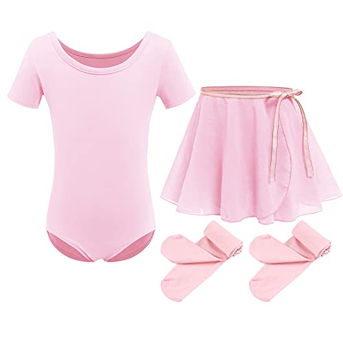 Mädchen Ballettkleidung Kinder Ballettkleid Baumwolle Kurzarm Balletttrikot Tanzbody Ballettanzug Tanzkleid Gymnastik Trikot mit Tütü Chiffon Wickelrock Strumpfhosen Set Tanzkleid Rosa 6-7 Jahre von FYMNSI