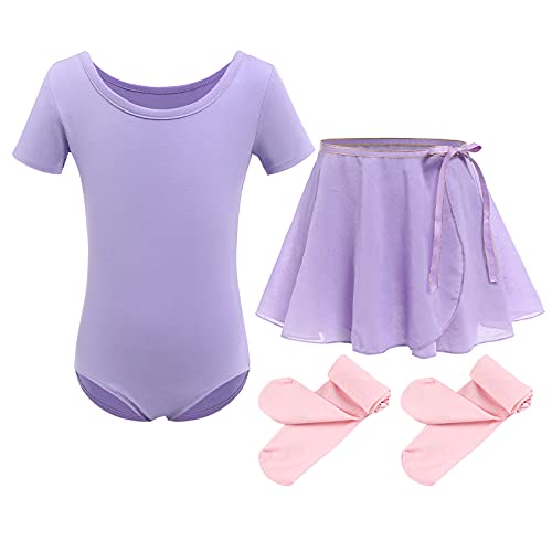 Mädchen Ballettkleidung Kinder Ballettkleid Baumwolle Kurzarm Balletttrikot Tanzbody Ballettanzug Tanzkleid Gymnastik Trikot mit Tütü Chiffon Wickelrock Strumpfhosen Set Tanzkleid Violett 8-9 Jahre von FYMNSI