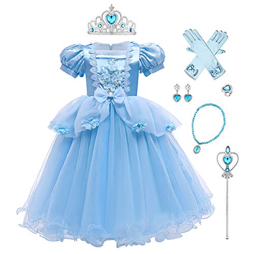 Mädchen Cinderella Kostüme Aschenputtel Prinzessin Tüll Maxikleid Halloween Fasching Karneval Cosplay Weihnachten Geburtstag Partykleid Kurzarm Ballkleid Festkleid Verkleidung mit Zubehör 6-7 Jahre von FYMNSI