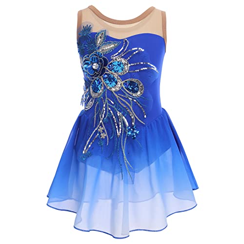 Mädchen Eiskunstlauf Kleid Pailletten Blumen Ballettkleid Chiffon Tanzkleid Ärmellos Turnanzug Gymnastikanzug Kinder Swing Skater Ballettkleidung Tanzkostüm Trikot Einteiler Body Königsblau 9-10J von FYMNSI