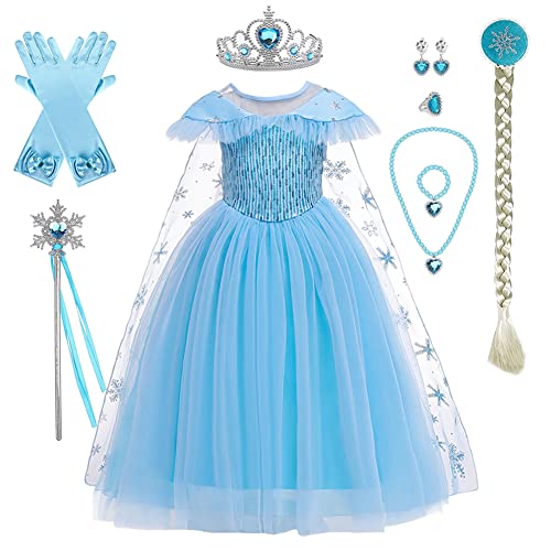 Mädchen Elsa Kostüm Eiskönigin Maxikleid mit Schneeflocke Umhang Zubehör Kinder Schneekönigin Prinzessin Cosplay Karneval Fasching Verkleidung Eisprinzessin Halloween Partykleid Eisblau 4-5 Jahre von FYMNSI