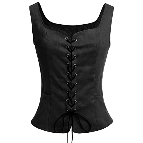 Mittelalter Kleidung Damen Weste Renaissance Pirate Kost?m Gothic Steampunk Schn?rweste Halloween Costume Party Vikings Cosplay Wildleder ?rmellos Hemd Mittelalterlicher Victorian Anzug Schwarz L von FYMNSI