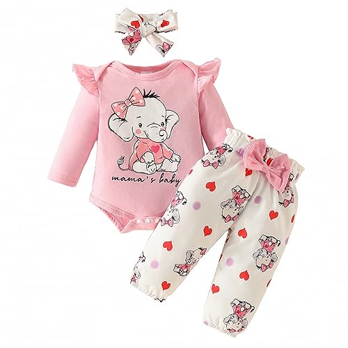 Neugeborenes Baby M?dchen Outfit Kleinkinder Baumwolle Langarm Strampler Body Langes Hose Schleife Stirnband 3tlg 1. Geburtstag Party Casual Fr?hling Herbst Bekleidungsset Rosa Elefant 0-3 Monate von FYMNSI