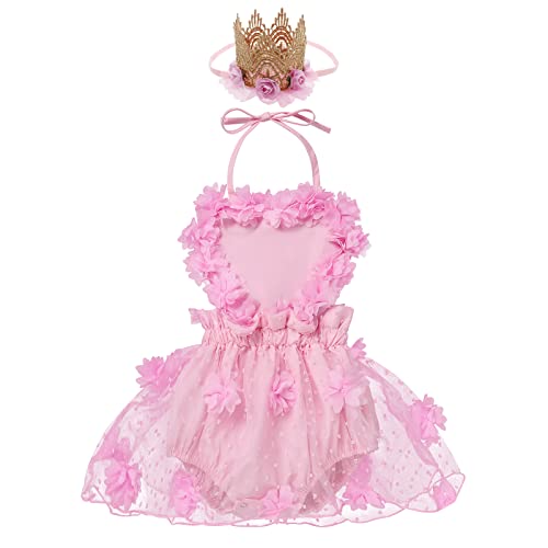 Neugeborenes Baby Mädchen 1. Geburtstag Outfit Fotoshooting Kostüm 3D Blumen Strampler Tüll Tütü Prinzessin Partykleid mit Stirnband Kleinkind Sommerkleid Taufkleid Festkleid Rosa Blumen 0-6 Monate von FYMNSI