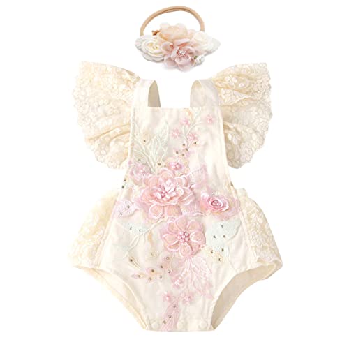 Neugeborenes Baby Mädchen Spitzen Strampler Blumen Stickerei Rüschen Ärmellos Body Einteiler Prinzessin Bodysuit Tütü Tüll Kleid mit Stirnband Fotoshooting Kostüme Sommer Bekleidung Beige +Rosa 18-24M von FYMNSI