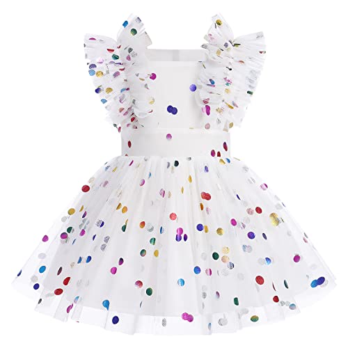 Neugeborenes Baby Mädchen Taufkleid Kleinkind 1 Jahr Party Kleid Erster Geburtstag Outfit Prinzessin Tütü Tüllkleid Bodykleid Strampler Fotoshooting Sommer Festkleid Weiß + Bunt Gepunktet 18-24 Monate von FYMNSI