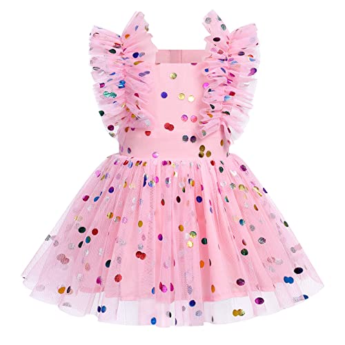 FYMNSI Neugeborenes Baby Mädchen Taufkleid Kleinkinder 1 Jahr Party Kleid Erster Geburtstag Outfit Prinzessin Tütü Tüllkleid Bodykleid Fotoshooting Sommerkleid Festkleid Rosa + Bunt Gepunktet 0-6M von FYMNSI