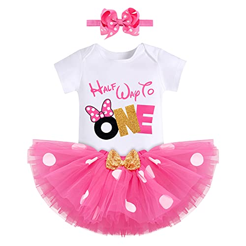 FYMNSI Säugling Baby Mädchen 1/2 Halber Geburtstag Party Outfit Prinzessin Partykleid Kurzarm Strampler Gepunktet Tütü Tüllrock Stirnband Fotoshooting Bekleidungsset Rose Half Way to One 6 Monate von FYMNSI