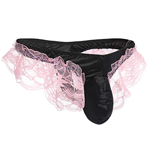 Sexy Herren-Unterwäsche mit floraler Spitze, glänzend, Satin, Sissy, Tasche, Crossdress G-String, Tanga, Höschen, Dienstmädchen, Cosplay, Dessous, Slip, Schwarz + Pink, Einheitsgröße von FYMNSI