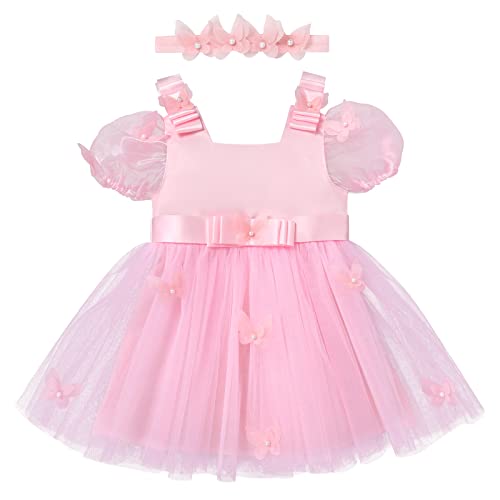 Taufkleid Baby Mädchen Prinzessin Kleid Blumenmädchenkleid 1 Jahr Geburtstagskleid Festlich Festkleid mit Stirnband Hochzeit Geburtstag Partykleid Festzug Besondere Anlässe Rosa Schmetterling 6-12M von FYMNSI