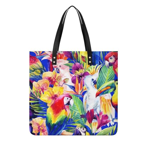 FZRTGOP Blume Papagei Damen Shopper Handtasche Umhängetasche Schultertasche Für Büro Schule Einkauf 39x39cm von FZRTGOP