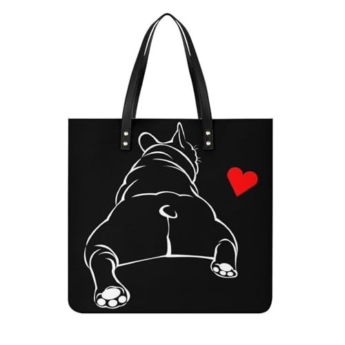 FZRTGOP Bulldogge Schwarz Damen Shopper Handtasche Umhängetasche Schultertasche Für Büro Schule Einkauf 39x39cm von FZRTGOP