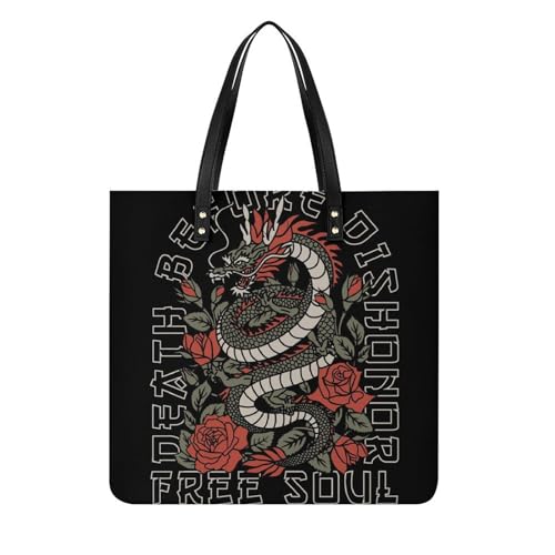 FZRTGOP Drache Und Blume Damen Shopper Handtasche Umhängetasche Schultertasche Für Büro Schule Einkauf 39x39cm von FZRTGOP