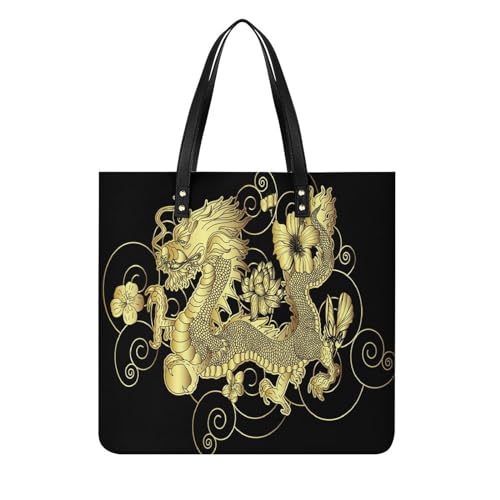 FZRTGOP Goldener Drache Damen Shopper Handtasche Umhängetasche Schultertasche Für Büro Schule Einkauf 39x39cm von FZRTGOP