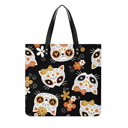 FZRTGOP Niedliche Katzen-Totenköpfe Damen Shopper Handtasche Umhängetasche Schultertasche Für Büro Schule Einkauf 39x39cm von FZRTGOP