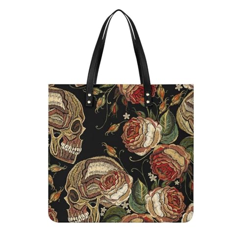 FZRTGOP Rose Retro-Totenkopf Damen Shopper Handtasche Umhängetasche Schultertasche Für Büro Schule Einkauf 39x39cm von FZRTGOP