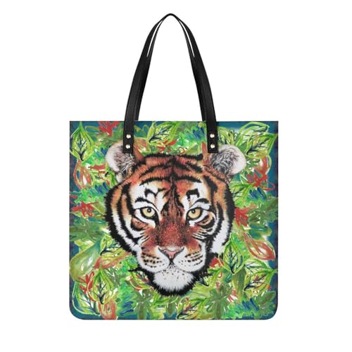 FZRTGOP Tiger-Blätter Damen Shopper Handtasche Umhängetasche Schultertasche Für Büro Schule Einkauf 39x39cm von FZRTGOP