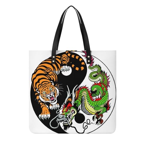 FZRTGOP Tiger Drache Damen Shopper Handtasche Umhängetasche Schultertasche Für Büro Schule Einkauf 39x39cm von FZRTGOP