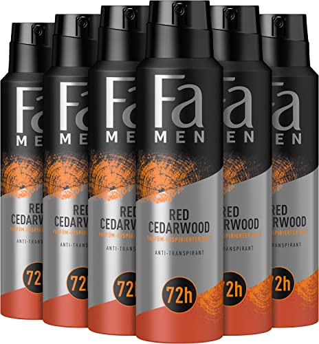 Fa Men Deospray Red Cedarwood (6 x 150 ml), Anti-Transpirant mit kraftvollem Duft von Zedernholz und Whiskey, Deo ohne Aluminium für bis zu 48 h Deo-Schutz von Fa