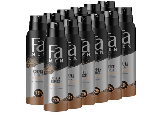 FA Deospray for Men Coffee Burst (12x 150ml), Deodorant mit dem aromatischen Duft von Kaffee, Parfüm-inspirierter Duft, Vegane Formel, stoppt Bakterien, ohne Aluminiumsalze, bis zu 72h Deo-Schutz von Fa