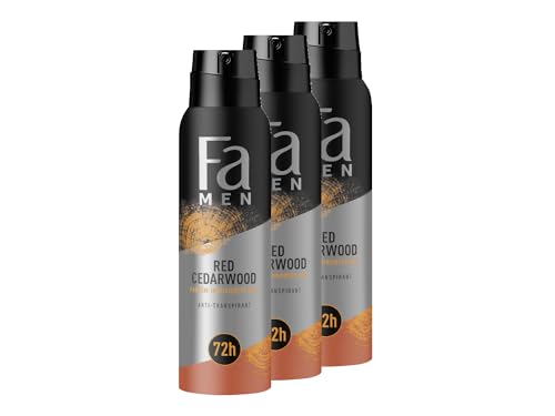 FA Deospray for Men Red Cedarwood (3x 150ml), Deodorant mit dem kraftvollen & langanhaltendem Duft Zedernholz & Whiskey, Parfüm-inspirierter Duft, Vegane Formel, bis zu 72h Deo-Schutz von Fa